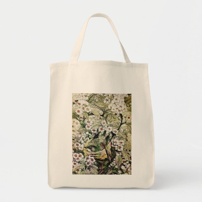 VOGELNEST MIT FRÜHBLUMEN Weißbraune Blume Tragetasche (Vorne)