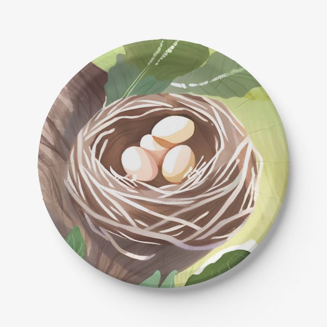 Vogelnest | Wasserfarbe Eier Natur Pappteller (Vorderseite)