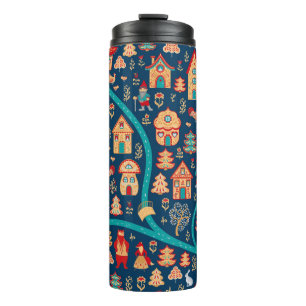 Vogelperspektive. Häuser, Wald, Zwerge, Bären, Füc Thermosbecher
