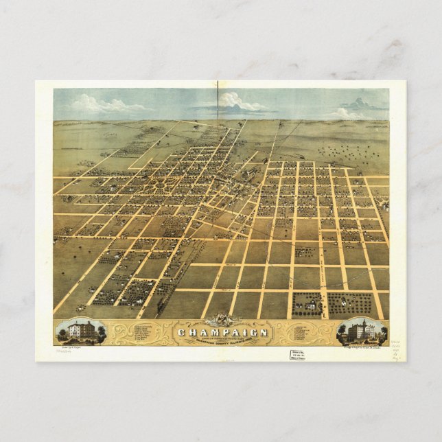 Vogel's Eye View of Champaign Illinois (1869) Postkarte (Vorderseite)