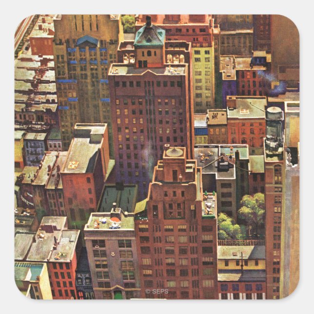 Vogel's-Eye View of New York City by John Falter Quadratischer Aufkleber (Vorderseite)