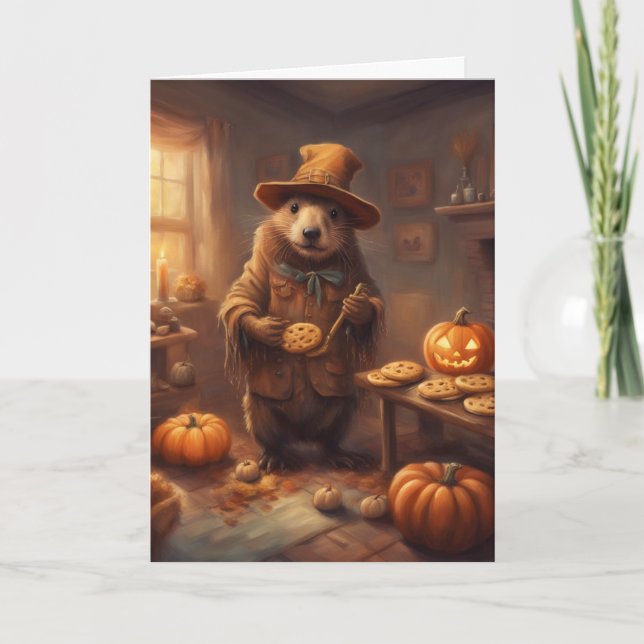 Vogelscheuche Biber backt Kekse Halloween Karte (Vorderseite)