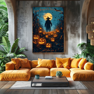 Vogelscheuche Halloween mit leuchtenden Jack-O'-La Poster