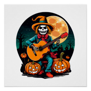 Vogelscheuche spielt Gitarre und feiert Halloween Poster