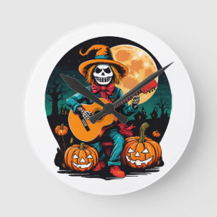Vogelscheuche spielt Gitarre und feiert Halloween Runde Wanduhr