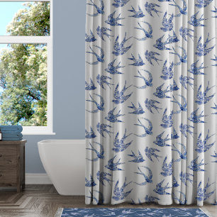 Vogelschlucken Floral Navy Weiße Chinoiserie Vint Duschvorhang