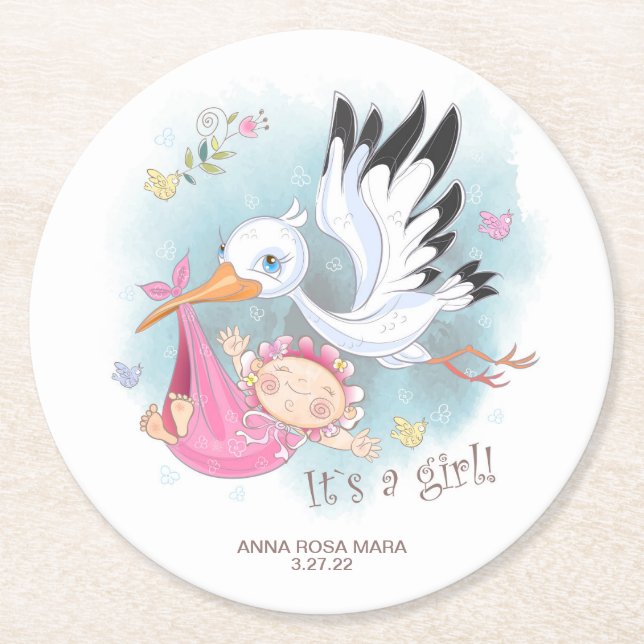 *~* Vogelstork Baby Girl Blume Babydusche Runder Pappuntersetzer (Vorderseite)
