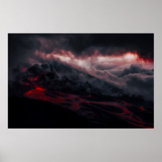 Volcanic Eruption Lava Rivers Night Landscape Poster