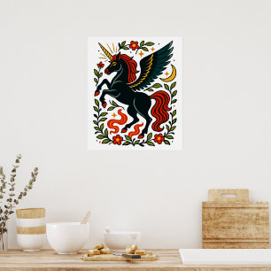 Volks kunst Pegasus Einhorn Floral Himmelsposter Poster
