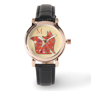 Volksgut Blumenmuster Fuchs Monogramm Armbanduhr
