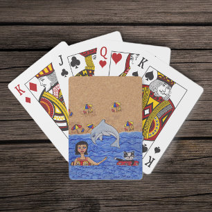 Volksgut Dame Katze Strand Ozean Delfin Schwimmen Spielkarten