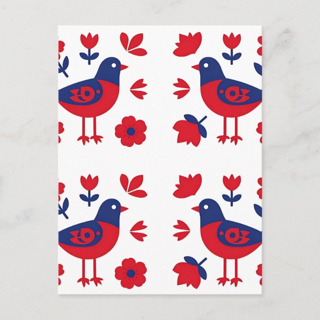 Volksgut Rot Blau Vogel Blumenmuster Postkarte (Vorderseite)
