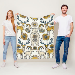 Volkskunst Bär Hirsch Ziege Walddecke Fleecedecke