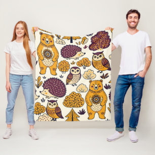 Volkskunst Bär Igel Eule Walddecke Fleecedecke