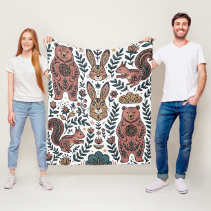 Volkskunst Bär Kaninchen Eichhörnchen Walddecke Fleecedecke