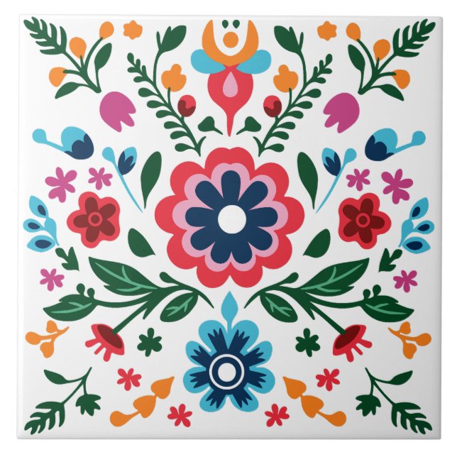 Volkskunst Blumiges Muster Farbenfrohe Blumen Fliese (Vorderseite)