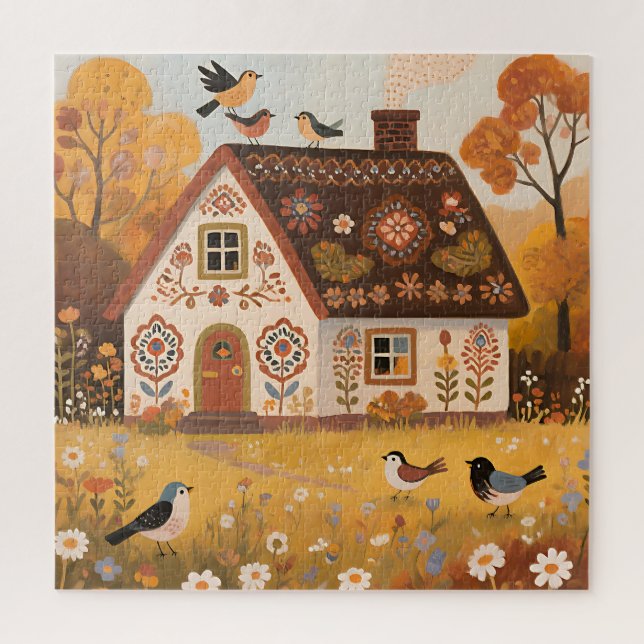 Volkskunst Cottage Vögel Herbst Puzzle (Vertikal)