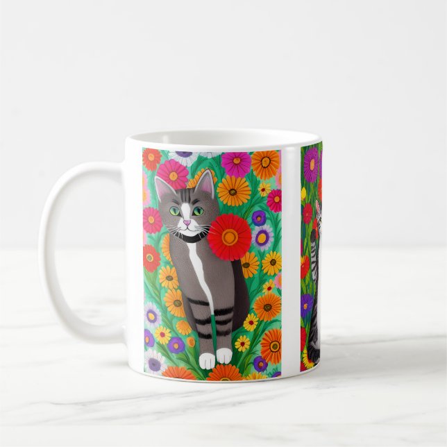 Volkskunst - farbenfrohe Katzen und Blume | AI Art Kaffeetasse (Links)