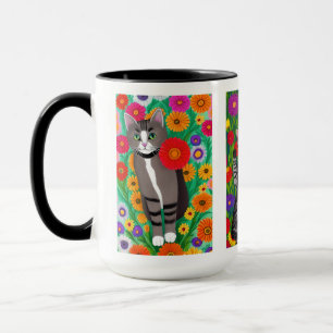 Volkskunst - farbenfrohe Katzen und Blume   AI Art Tasse