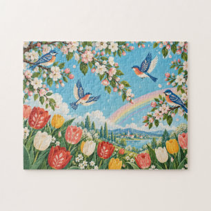 Volkskunst Frühlings-Tulpen-Vögel-Landschaft Puzzle