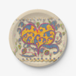 Volkskunst Herz mit Blätter und Blume Abendessen P Pappteller