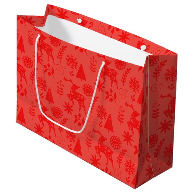 Volkskunst-Hirsch-Botanik-Rot-Große-Geschenktasche Große Geschenktüte (Vorderseite Schrägansicht)