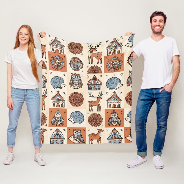 Volkskunst-Hirsch-Igel-Eule-Wald-Decke Fleecedecke (Beispiel)