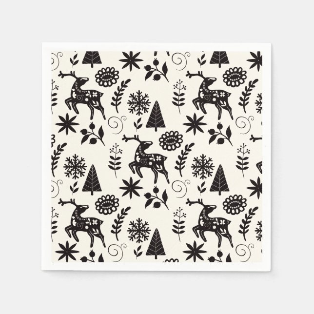 Volkskunst Hirsch Wald Schwarz und Weiß  Serviette (Vorderseite)
