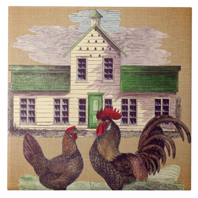 Volkskunst-Hof-Huhn-rustikaler Entwurf Fliese (Vorderseite)