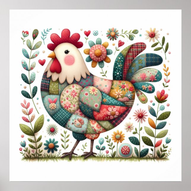 Volkskunst-Patchwork-Hahn mit floralen Akzenten Poster (Vorne)