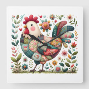 Volkskunst-Patchwork-Hahn mit floralen Akzenten Quadratische Wanduhr