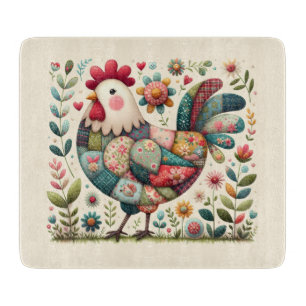 Volkskunst-Patchwork-Hahn mit floralen Akzenten Schneidebrett