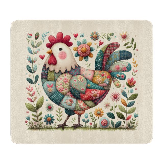Volkskunst-Patchwork-Hahn mit floralen Akzenten Schneidebrett (Vorderseite)