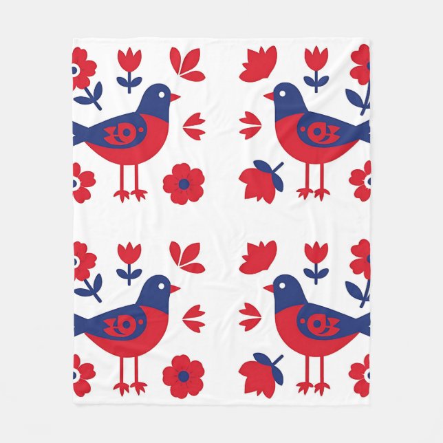 Volkskunst Rot Blau Vogel Blumenmuster Fleecedecke (Vorderseite)
