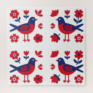 Volkskunst Rot Blau Vogel Blumenmuster Puzzle