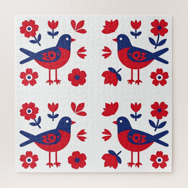 Volkskunst Rot Blau Vogel Blumenmuster Puzzle (Vertikal)
