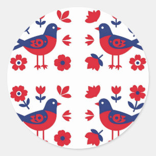 Volkskunst Rot Blau Vogel Blumenmuster Runder Aufkleber