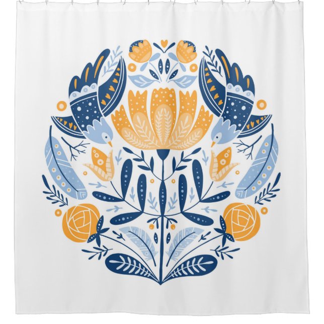 Volkskunst rund mit Vögeln, Rose und Blumen Duschvorhang (Vorderseite)