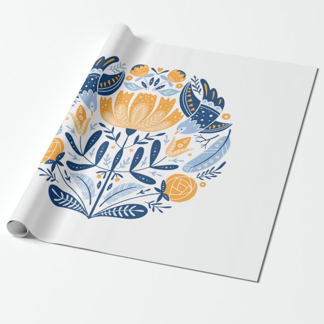 Volkskunst rund mit Vögeln, Rose und Blumen Geschenkpapier (Ungerollt)