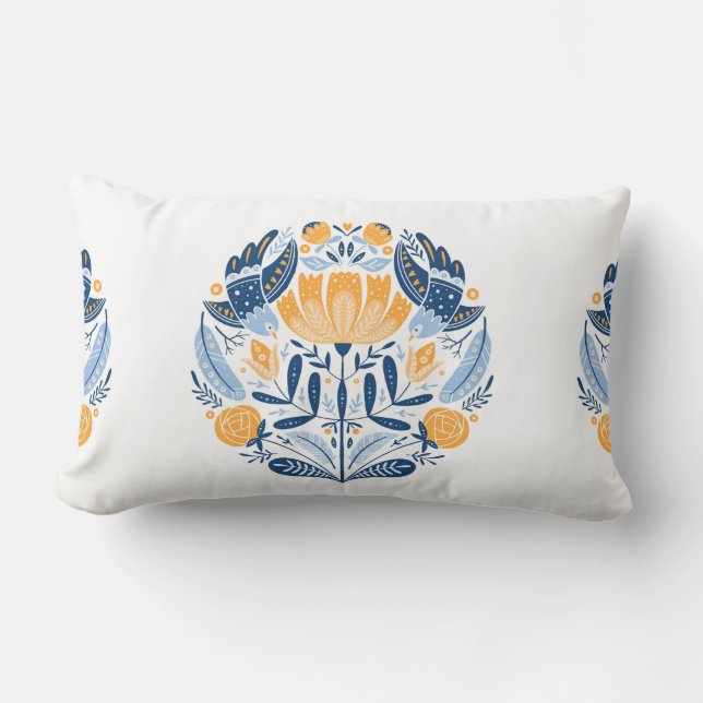 Volkskunst rund mit Vögeln, Rose und Blumen Lendenkissen (Vorderseite)