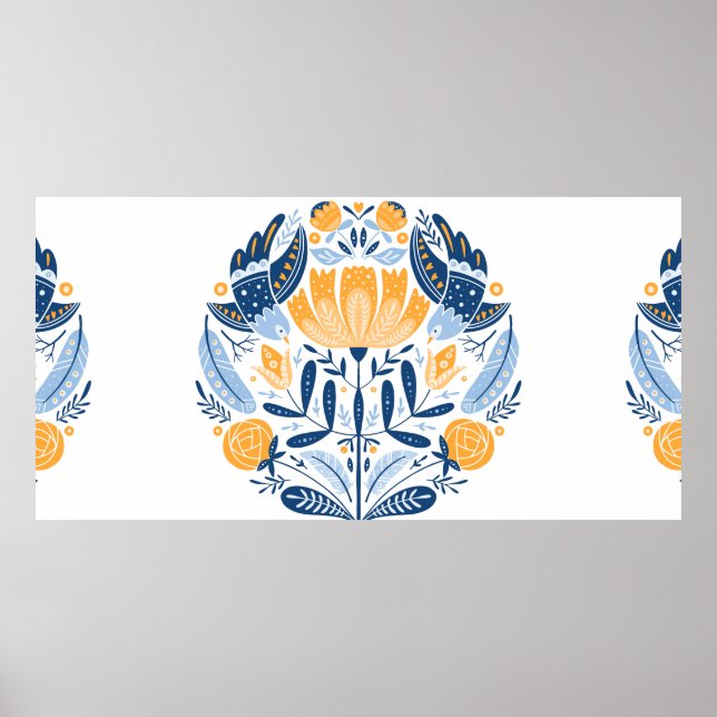 Volkskunst rund mit Vögeln, Rose und Blumen Poster (Vorne)