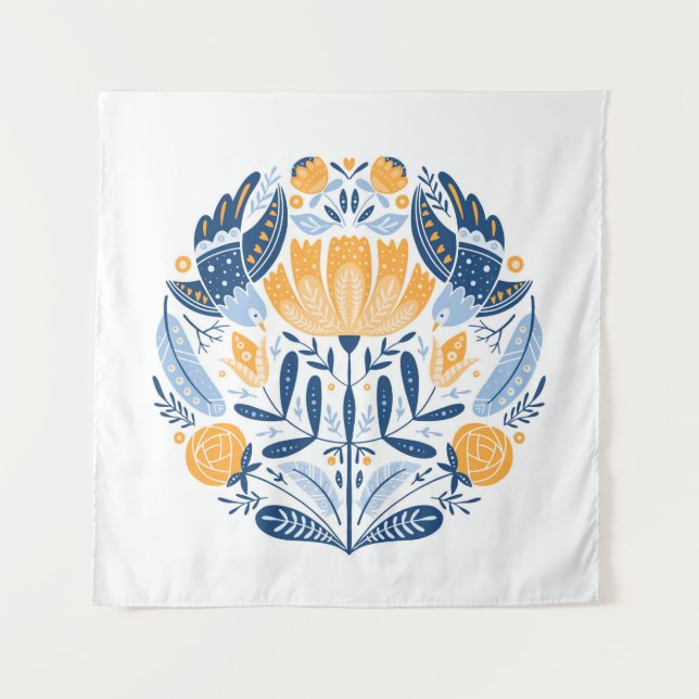 Volkskunst rund mit Vögeln, Rose und Blumen Wandteppich (Vorderseite)