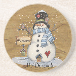 Volkskunst-Schneemann auf alter Zeitung Sandstein Untersetzer