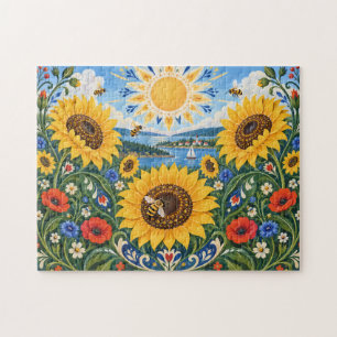 Volkskunst Sonnenblumen Bienen Seelandschaft Puzzle