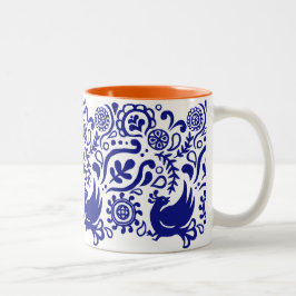 Volkskunst-Vogel-u. Blumen-Muster | blaue u. weiße Zweifarbige Tasse