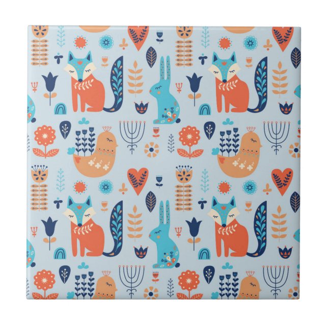 Volkskunst-Waldtier-Muster Fliese (Vorderseite)