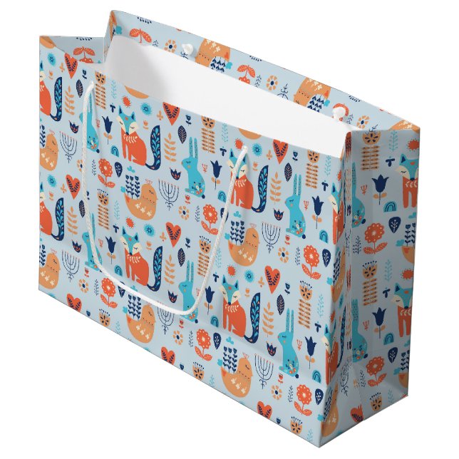 Volkskunst-Waldtier-Muster Große Geschenktüte (Vorderseite Schrägansicht)