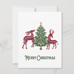 Volkskunst Weihnachtskarte mit Rentier und Baum Feiertagskarte