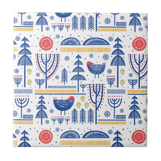 Volkskunst-Winter-Vogel-Muster Fliese (Vorderseite)