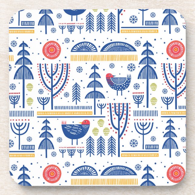 Volkskunst-Winter-Vogel-Muster Getränkeuntersetzer (Vorderseite)